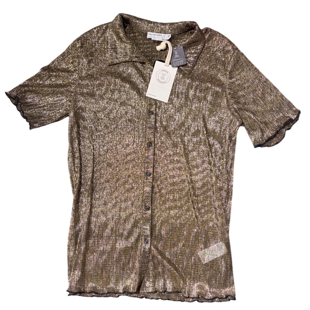 Urban Renewal Metallic Plisse‎ Button Down Shirt Taupe Gold Womens Medium NWT